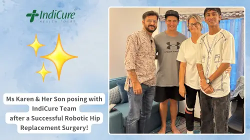 Our New Zealand patient guest, Ms Karen smiles as she poses with the IndiCure Health Tours team after her successful hip replacement surgery in India